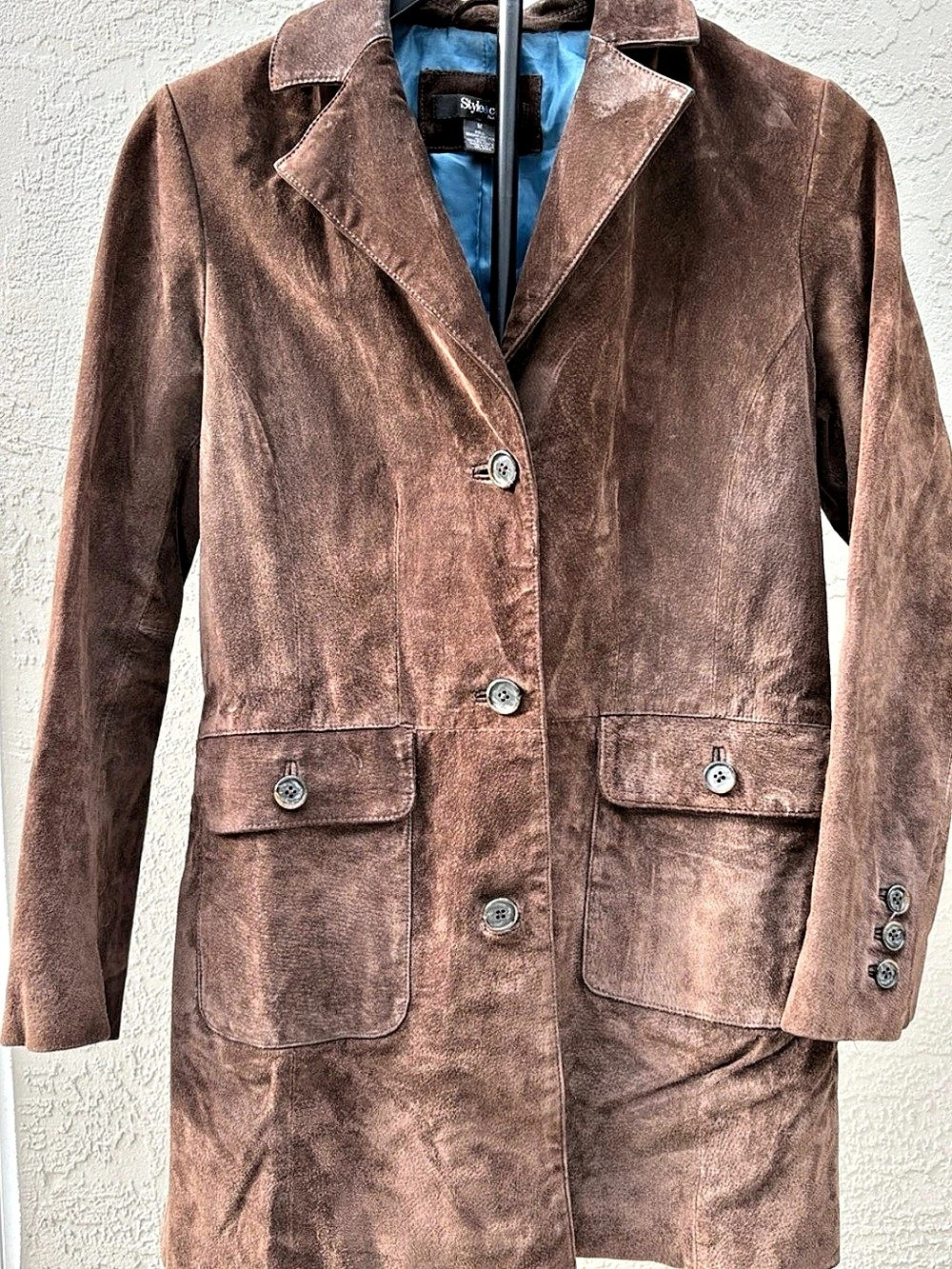 Style & Co Genuine Suede Leather Trench Car Coat Jacket Medium M Brown Turquoise